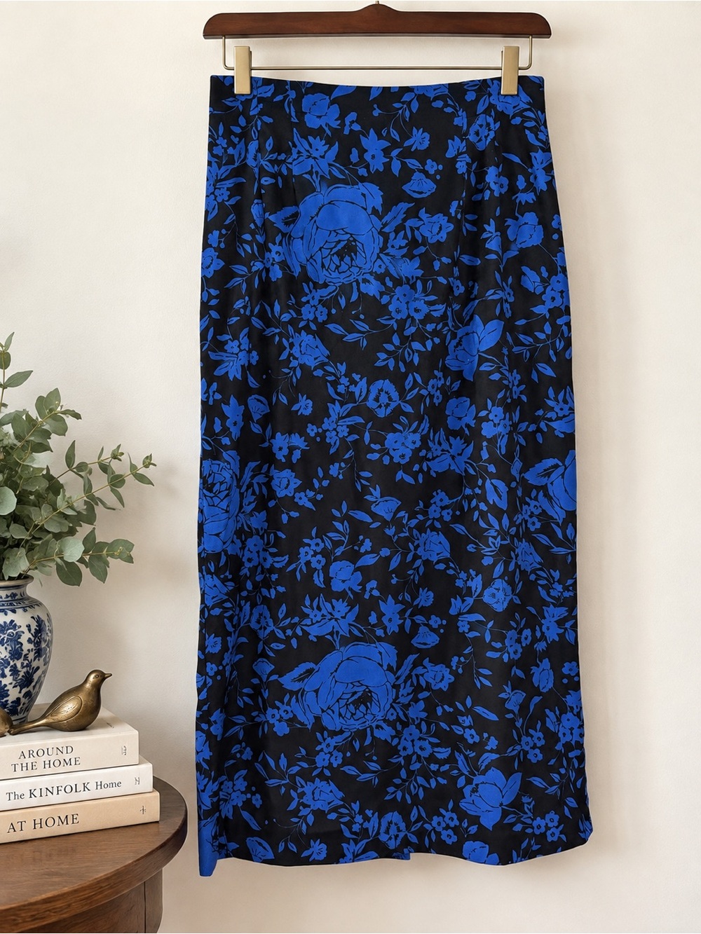 Vintage 90s Cobalt Rose Floral Butter Soft Column Skirt M